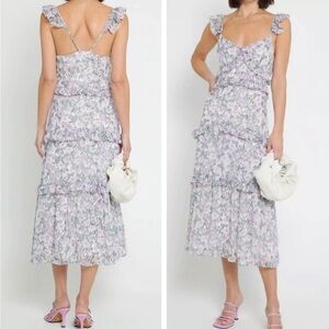 O.P.T Floral Print Ruffle Tiered Flowy Open Back Grey Lavender Midi Dress size S